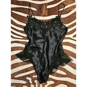 Vintage 90s Silk & Satin Bodysuit Teddy Black Lace Size M Intimate